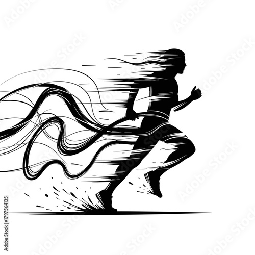 Abstract silhouette of running athlete with flowing lines  
