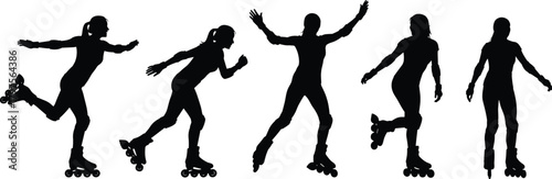 Rollerblading silhouette, woman in motion, dynamic poses, inline skates, black figure, minimal design, skating balance, sport concept, active glide, movement