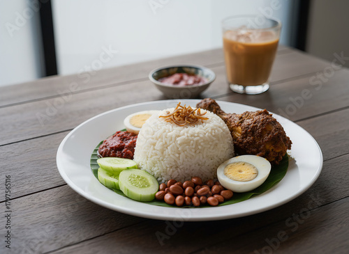Authentic Malaysian Nasi Lemak dish with fragrant coconut rice and crispy fried chicken