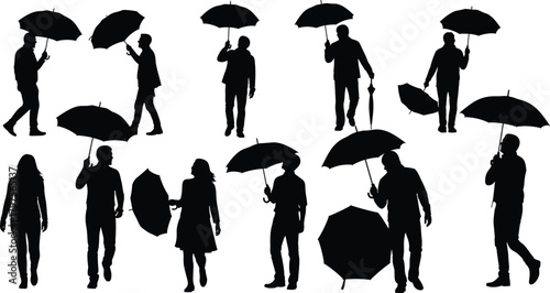 Umbrella silhouettes, walking people, rainy day, outdoor crowd, black figures, human posture, weather protection, minimal design, urban scene, interaction