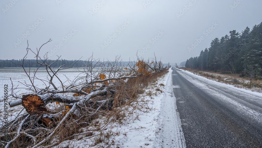 Naklejka premium Felled trees lining the roadside, indicating pruning after winter, road safety