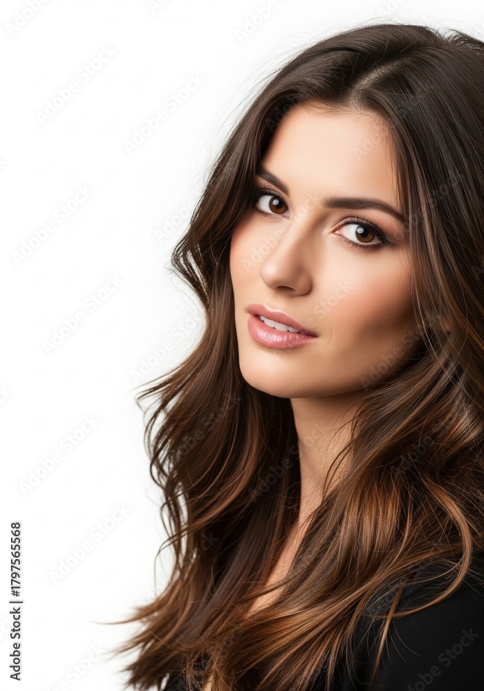 Fototapeta premium Captivating portrait of a beautiful young woman with flowing brown hair, exuding natural charm and elegance against a crisp white backdrop, showcasing her radiant features and confident gaze