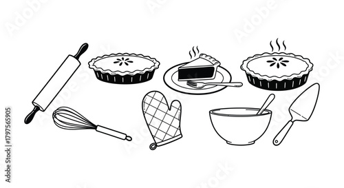 Baking pie ingredients and tools vector illustration design