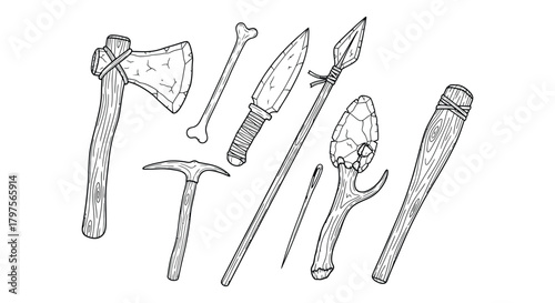 Stone age tools vector illustration primitive weapon set art