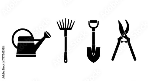 Vecter icons set showing a collection of gardening tools displayed in a simple graphic style on a white background vector image silhouette