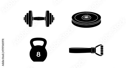 Vecter icons set showing collection of gym equipment including dumbbellplate، kettlebell, and weightlifting belt in black and white vector silhouette
