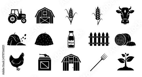Vecter icons set showing  farm related icons including tractor, barn ,wheat ,cow and other agricultural elements here silhouette