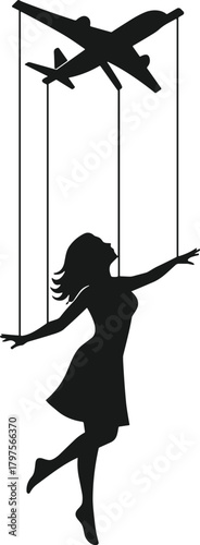 Woman silhouette, airplane puppet, marionette strings, surreal control, black figure, minimal design, symbolic influence, aviation metaphor, graceful pose, manipulation theme