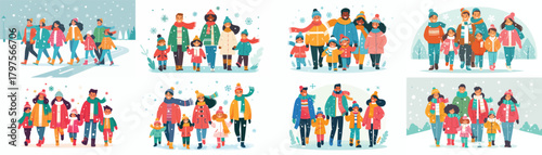 family walking together on a snowy street on Christmas morning. Vektor, design, minimalist, illustrations, set icon