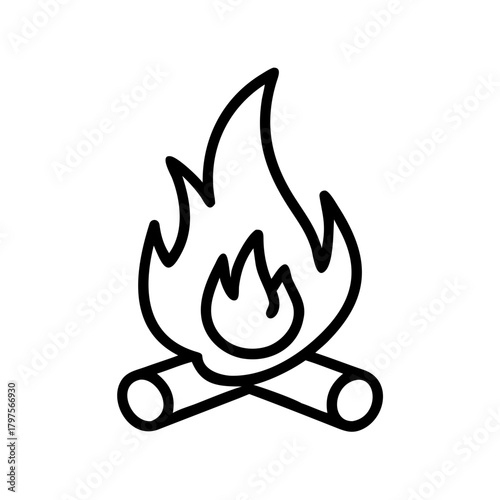 Campfire flames with logs in minimalist line art style  