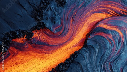 Flowing, glowing lava contrasts with solidifying rock