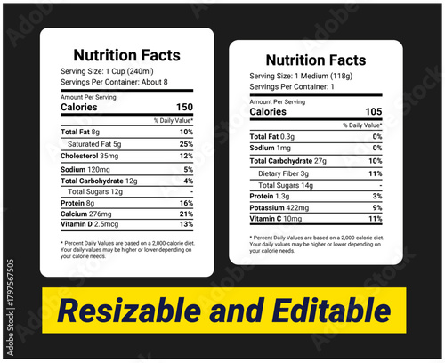 Two blank nutrition facts labels with resizable and editable text overlay for food packaging design, food nutrition facts, nutrition facts,nutritional value calculator.