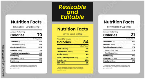 Three different nutrition facts labels on white backgrounds with a yellow editable section in the middle, nutrition facts, nutrition chart, food nutrition labels.