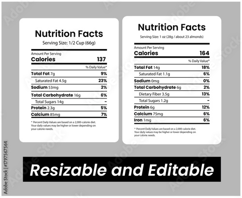 Two blank nutrition facts labels with resizable and editable text for food product packaging design, nutrition facts, supplement facts, nutritional value.