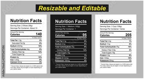 Three different nutrition facts labels displayed side by side on a white background with a yellow banner, nutrition facts, nutritional value, healthy eating facts, nutrition information.