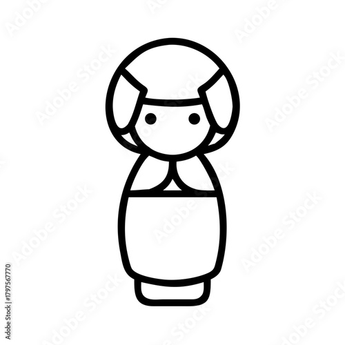 Kokeshi wooden doll illustration in minimalist style and black outline  