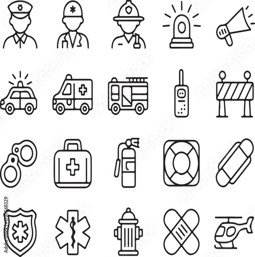 Police ambulance fire and medical service icons vector set police officer doctor