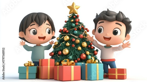 Cheerful Kids Celebrating Christmas with Gifts and a Tree.