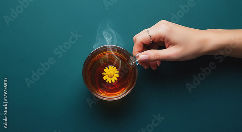 Aromatherapy and Wellness: Hand Holding a Steaming Glass Cup of Herbal Tea with a Floating Yellow Flower Relaxing Overhead View of Hot Drink, Natural Infusion, and Calm Aesthetic 