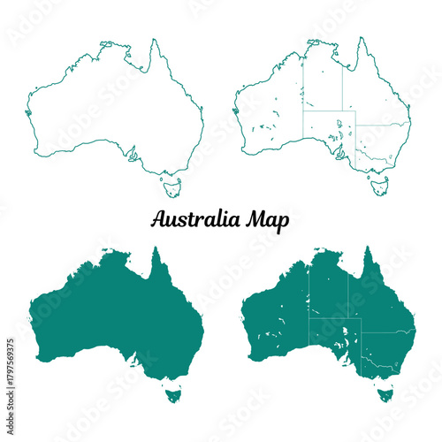 Australia Map Teal Outline and Solid Fill on White Background