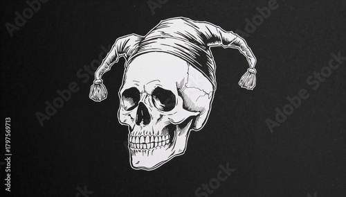 Human skull adorned with a jester's hat, artistic representation exploring themes of folly