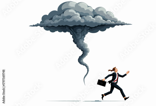 Businesswoman in Suit Running from Approaching Tornado Under Dark Clouds Symbolizing Workplace Challenges and Stressful Situations
