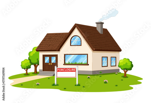 Charming Two-Story Family Home with Brown Roof and White Walls in a Serene Green Landscape Undergoing Foreclosure with Prominent Signage