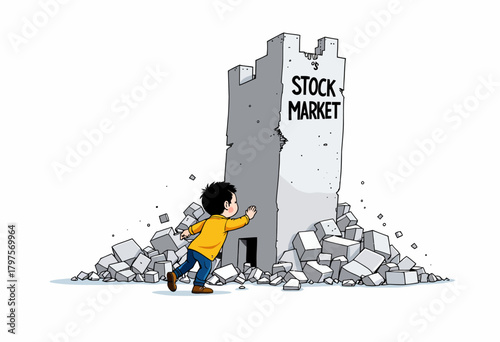 Young explorer approaches a towering structure labeled 'Stock Market' surrounded by scattered bricks, symbolizing financial obstacles and opportunities