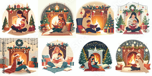 Reading Christmas Stories by the Fireplace. Vektor, design, minimalist, illustrations, set icon