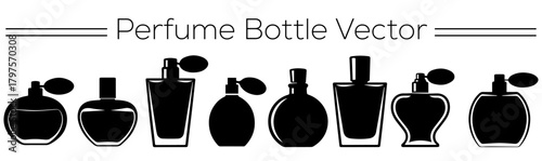 Perfume Bottle Vector Silhouette Set, Fragrance Container Icons Collection, Elegant Cosmetic Packaging Illustration for Beauty Products, Fashion Branding, Makeup Design, and Aromatic Scents Graphics