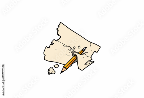 Illustration of a Broken Pencil on Torn Paper Symbolizing Creativity, Challenges, and Unfinished Ideas in Artistic and Educational Contexts