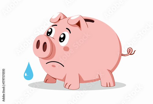 Illustration of a Worried Piggy Bank with Teardrop Symbolizing Financial Hardship and Savings Concerns in Economic Uncertainty