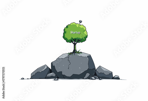 Illustration of a flourishing tree symbolizing a startup growing resiliently amidst challenges, rooted firmly on a large grey rock with scattered stones around