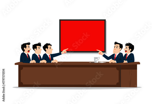 Illustration of animated businessmen in a conference room animated debate around a large wooden table with a blank red presentation screen on the wall