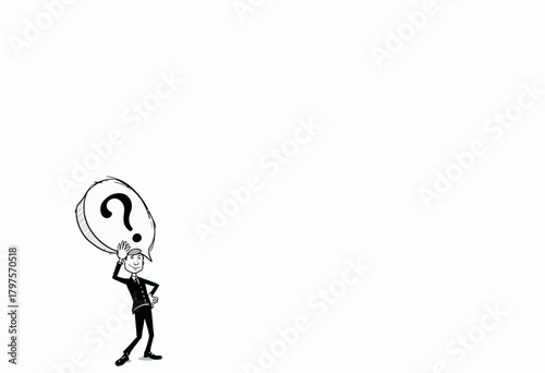 Cartoon figure in a contemplative pose holding an oversized question mark speech bubble, symbolizing curiosity and pondering on a white backdrop