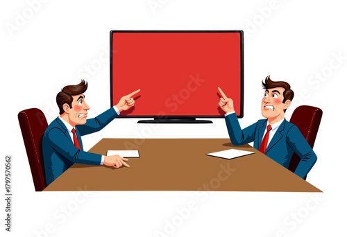 Intense Business Discussion with Two Animated Professionals in Suits Pointing and Debating at a Conference Table with a Red Screen Background