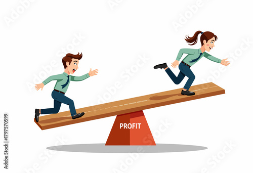 Cartoon Business Competition: Two Animated Characters on a Profit-Balancing See-Saw in a Race to Financial Success