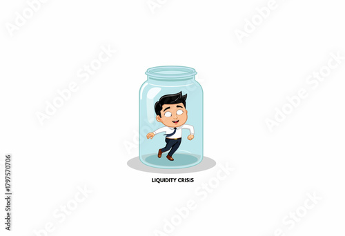 Illustration of a Businessman Trapped in a Glass Jar Representing Financial Liquidity Crisis and Economic Constraints