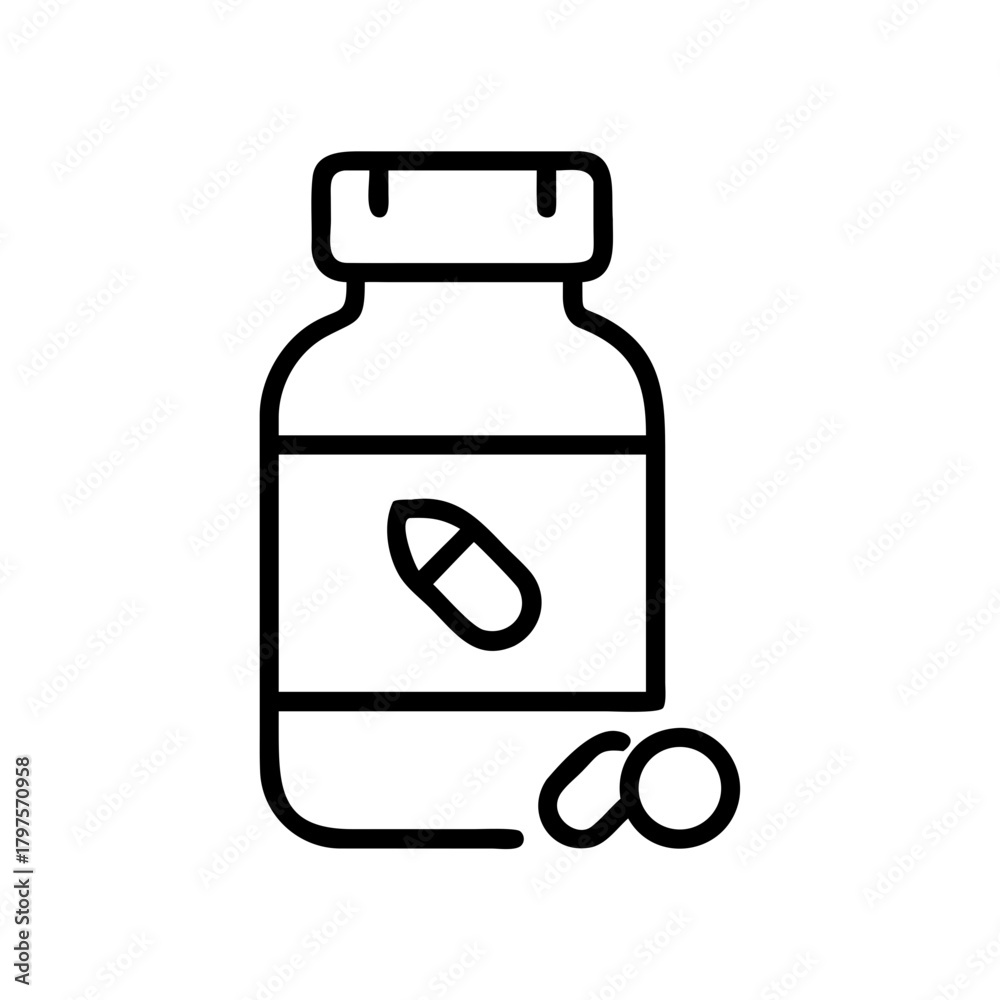Fototapeta premium Line art of vitamin bottle with capsules on white background 