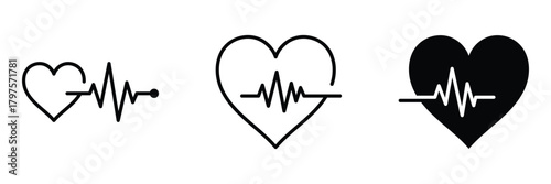Heart rate pulse graph. Heartbeat icon. Simple ECG line running through a heart for health tracking apps.