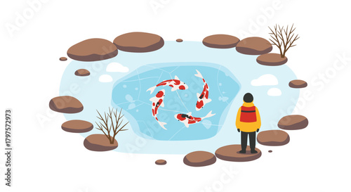 Person admiring vibrant Koi fish swimming under icy pond in peaceful winter scene, bringing serenity and Asian culture to your project