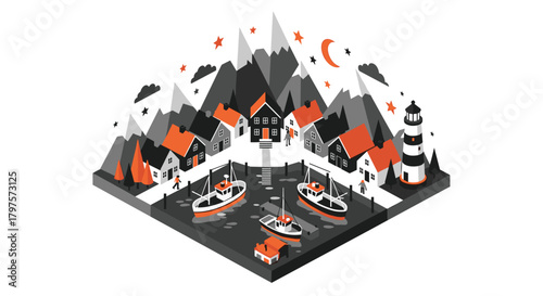 Charming isometric fishing village with lighthouse, boats and mountain backdrop evokes peaceful coastal living in a modern graphic design style