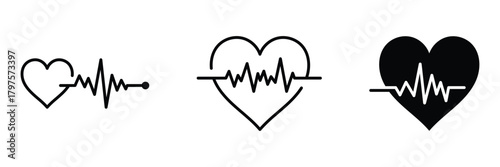 Heart with pulse line and solid icon set. ECG heartbeat make a heart. Pulse trace. Black heartbeat line icon. Black vector illustration. Cardio symbol. Healthy, wealth and medical concept