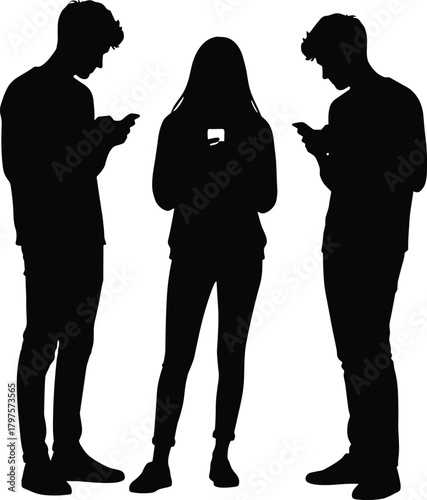 Teenagers Silhouette Using Mobile Phones  Modern Youth, Digital Lifestyle, Social Media Communication and Technology Addiction Concept Illustration