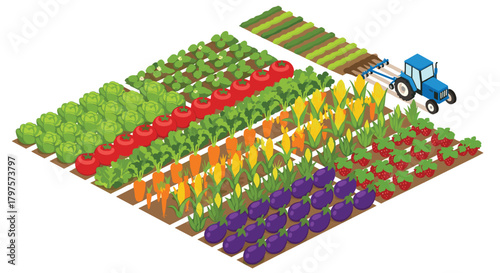 Vibrant isometric farm scene with tractor tilling soil ready for planting, a colorful array of healthy produce for farm-to-table freshness