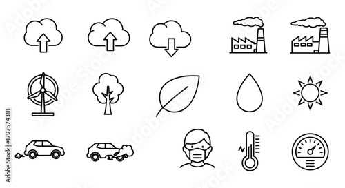 Climate change and environmental pollution vector icon set