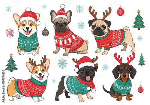 Adorable dogs wearing festive holiday sweaters and reindeer antlers for Christmas fun