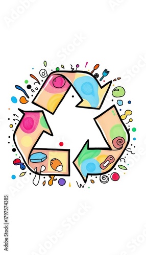 Hand drawn recycling symbol filled with abstract doodles and color,  sustainability,  art