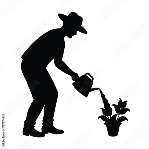Farmer Silhouette Watering Plants Minimal Style