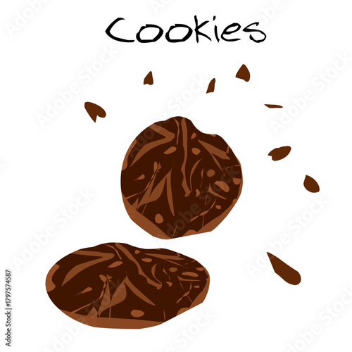 coffee beans on white background,Two dark chocolate cookies with scattered crumbs and the word "Cookies" written above them on a white background.